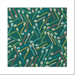 Toothbrush Pattern on Green Background Posters and Art